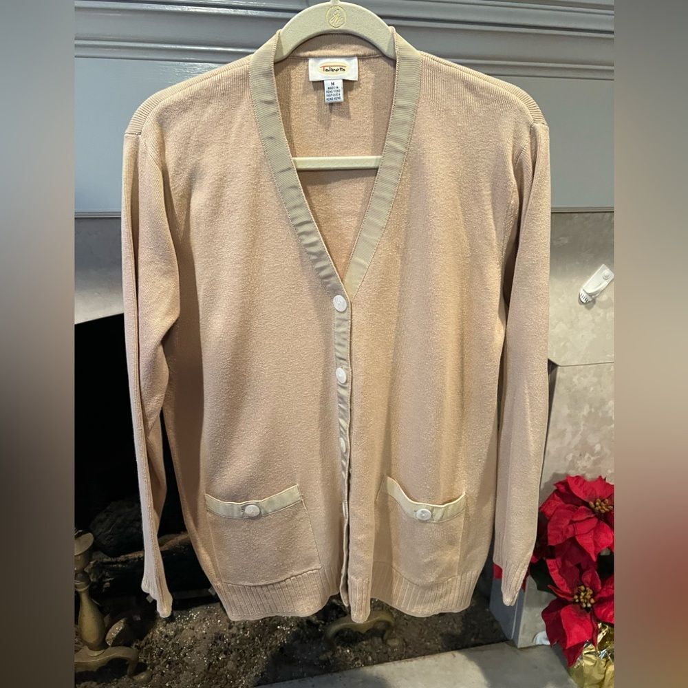 Talbots 100% cotton button front cardigan with ribbon embellishment size large